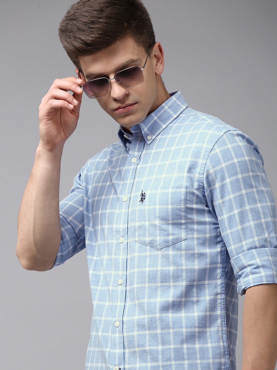 

U.S. Polo Assn. Men Checked Pure Cotton Casual Shirt, Blue