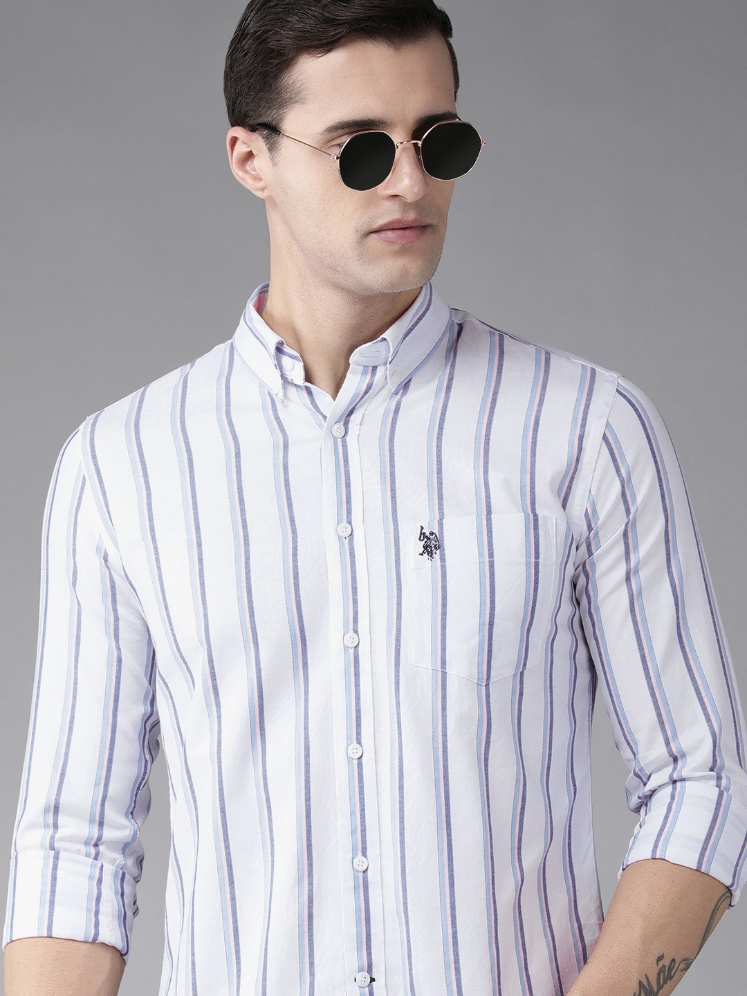

U S Polo Assn Men White Striped Pure Cotton Casual Shirt