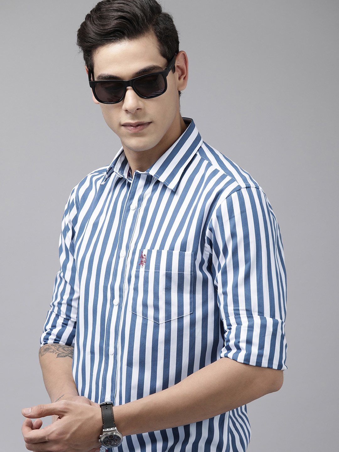 

U.S. Polo Assn. Men Navy Blue Tailored Fit Vertical Stripes Pure Cotton Casual Shirt