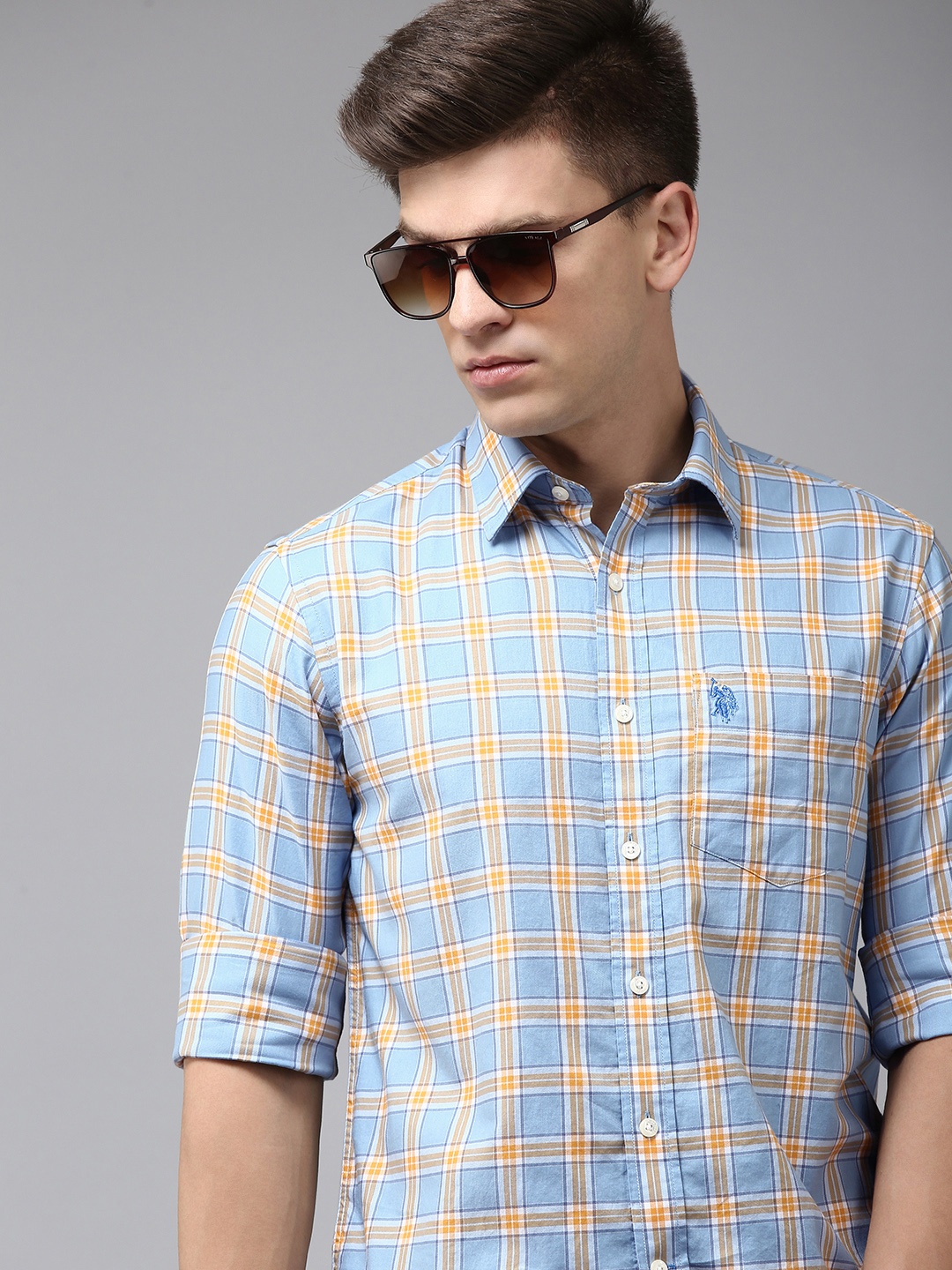 

U.S. Polo Assn. Men Tailored Fit Checked Pure Cotton Casual Shirt, Blue