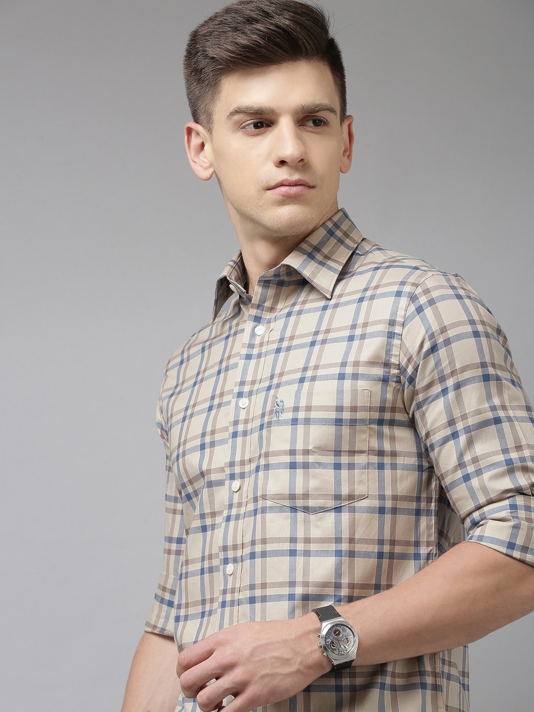 

U S Polo Assn Men Beige & Blue Tailored Fit Tartan Checked Pure Cotton Casual Shirt