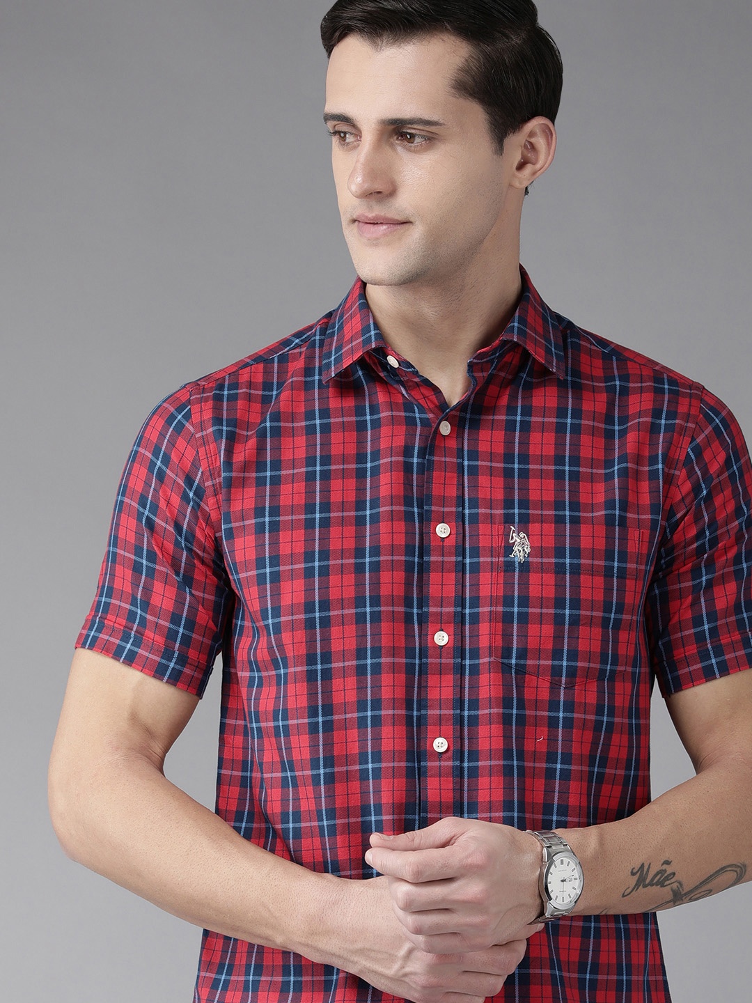 

U S Polo Assn Men Red Checked Pure Cotton Casual Shirt