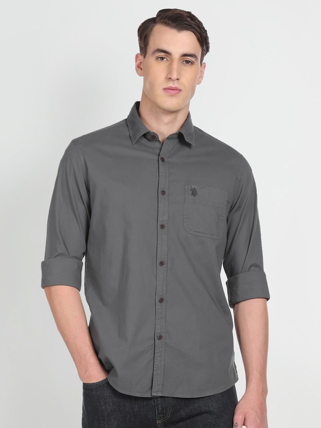 

U.S. Polo Assn. Denim Co. Men Grey Slim Fit Pure Cotton Casual Shirt