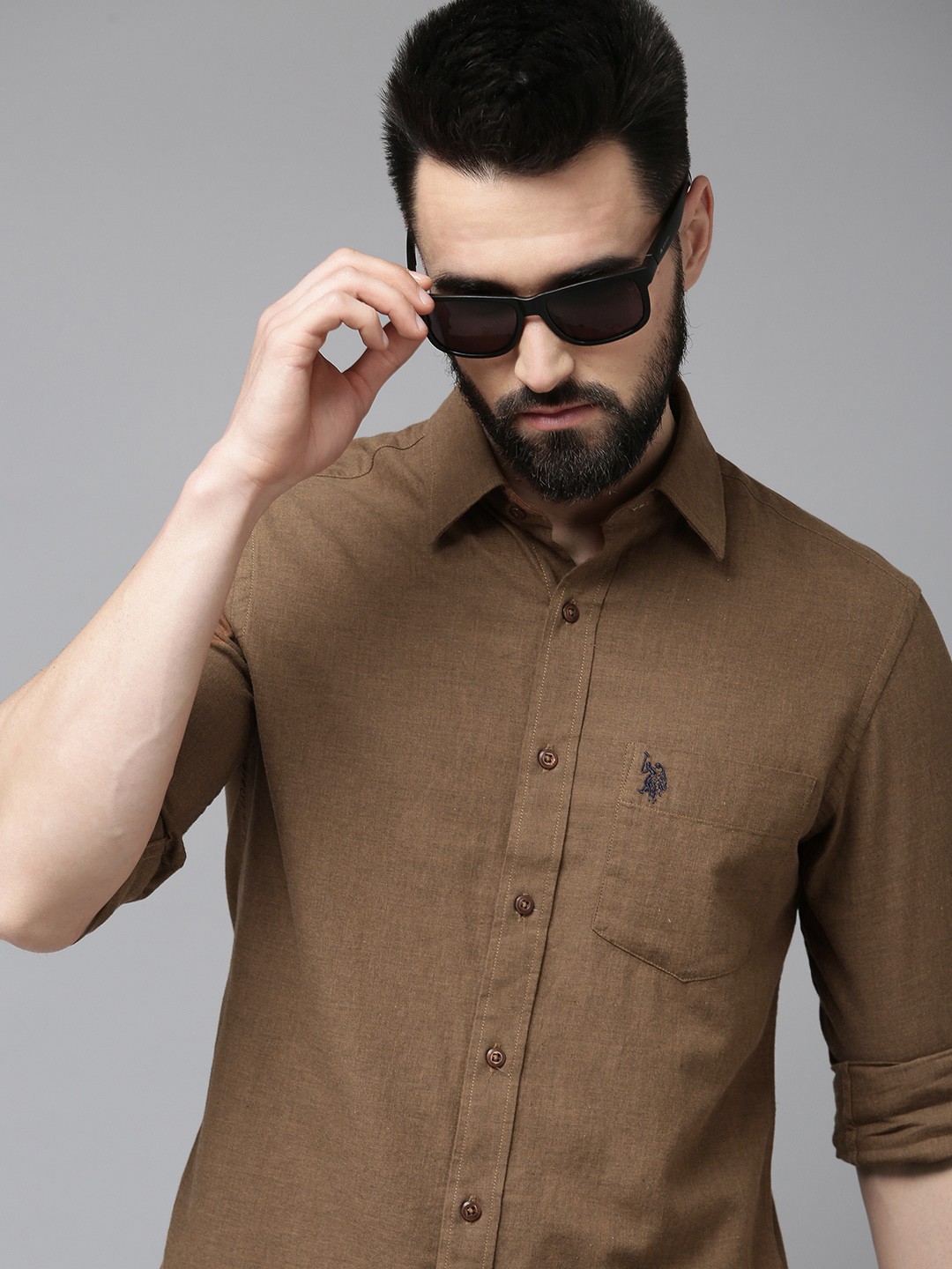 

U.S. Polo Assn. Men Khaki Solid Pure Cotton Tailored Fit Casual Shirt