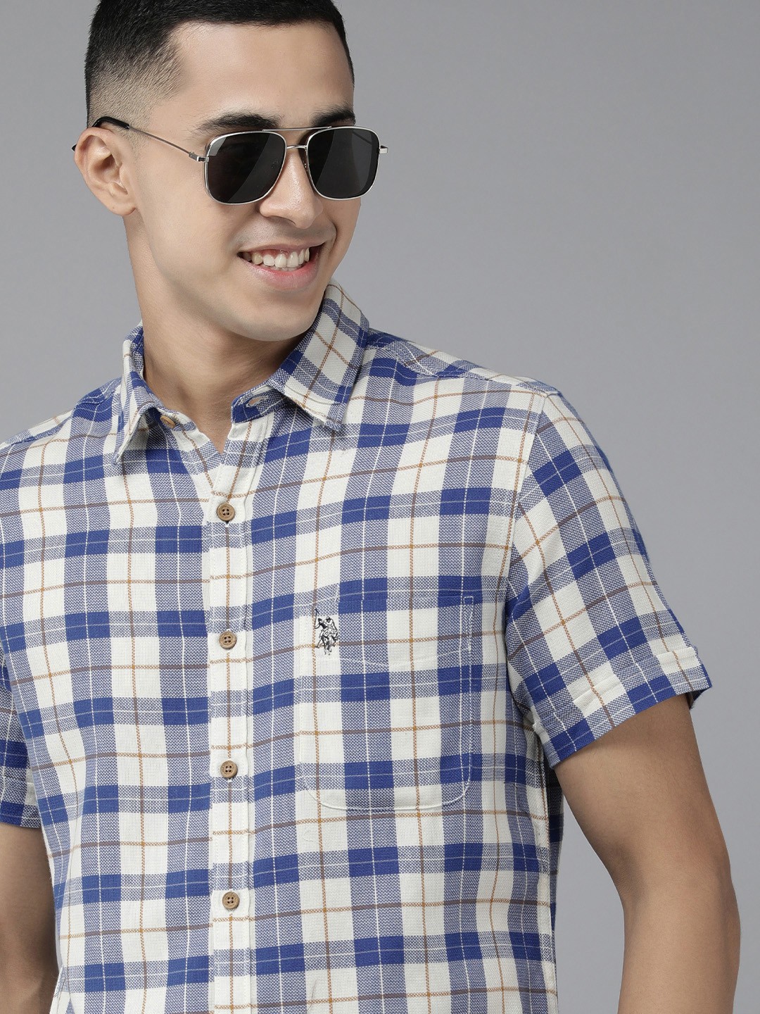 

U S Polo Assn Denim Co Men Blue Slim Fit Tartan Checks Pure Cotton Casual Shirt