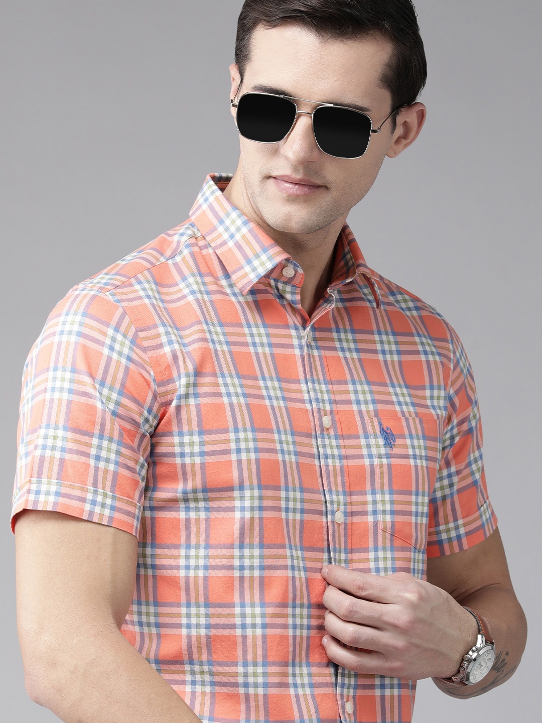 

U S Polo Assn Men Orange Checked Pure Cotton Casual Shirt
