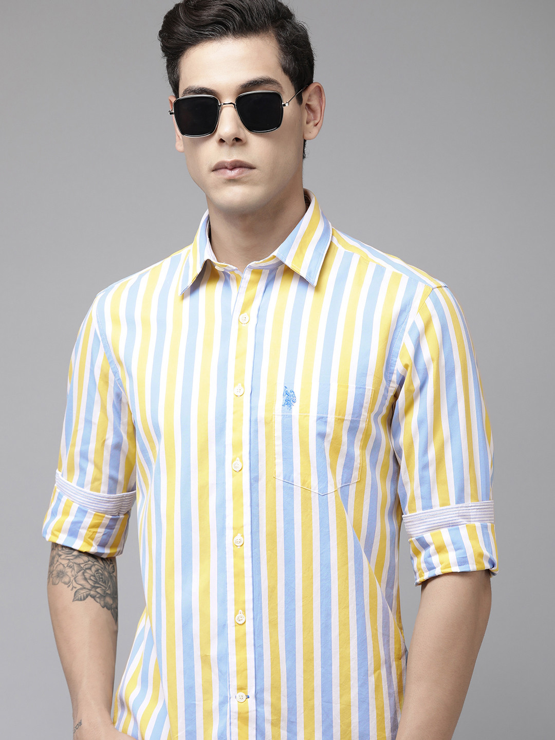 

U S Polo Assn Men Yellow & Blue Vertical Striped Pure Cotton Casual Shirt