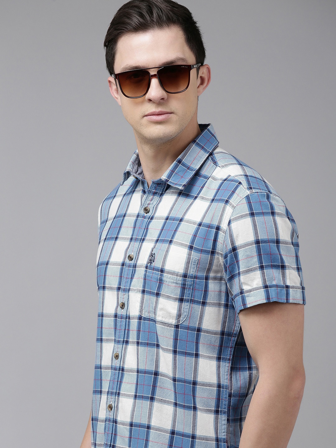 

U.S. Polo Assn. Denim Co. Men Blue & White Slim Fit Checked Pure Cotton Casual Shirt