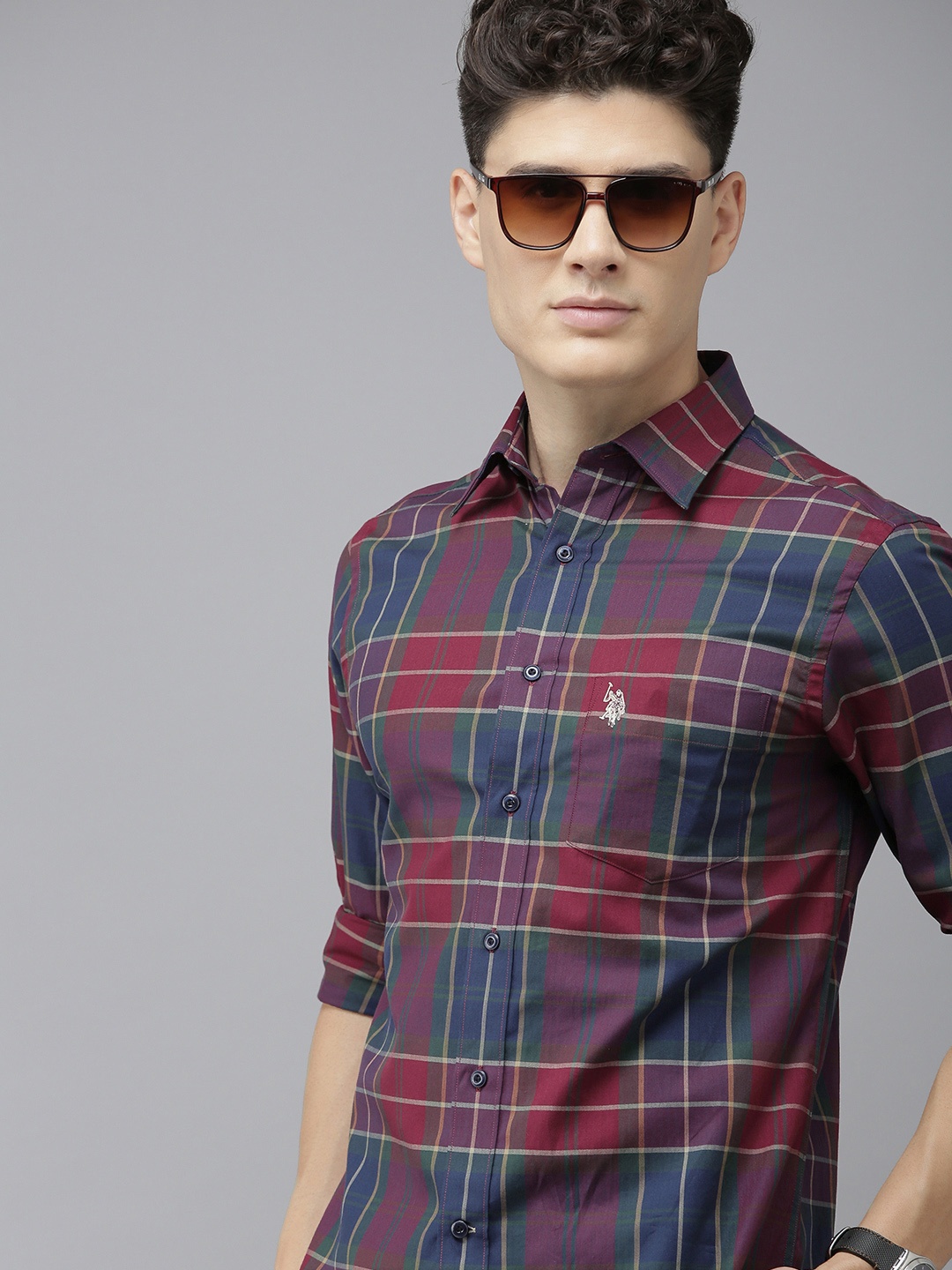 

U S Polo Assn Men Maroon Windowpane Checks Pure Cotton Casual Shirt