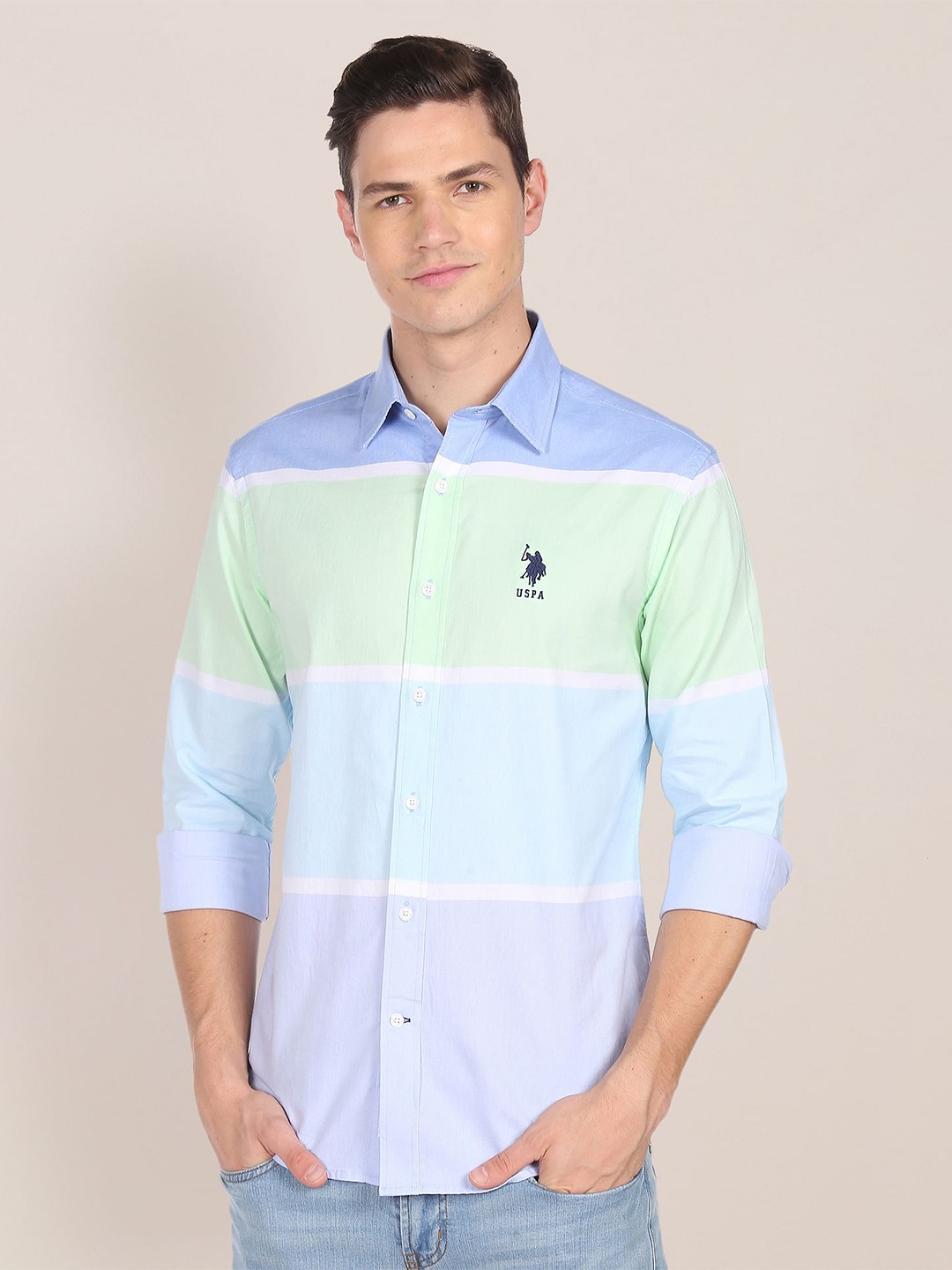 

U S Polo Assn Men Blue & Green Colourblocked Pure Cotton Tailored Fit Casual Shirt