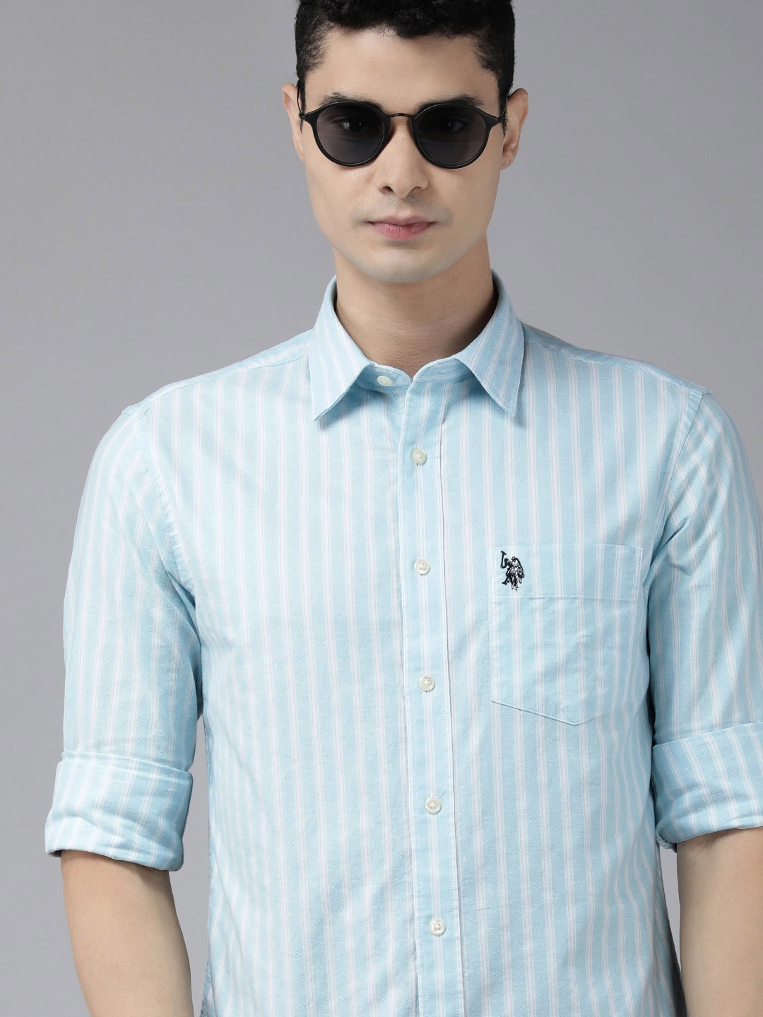 

U.S. Polo Assn. Men Blue Striped Pure Cotton Tailored Fit Casual Shirt