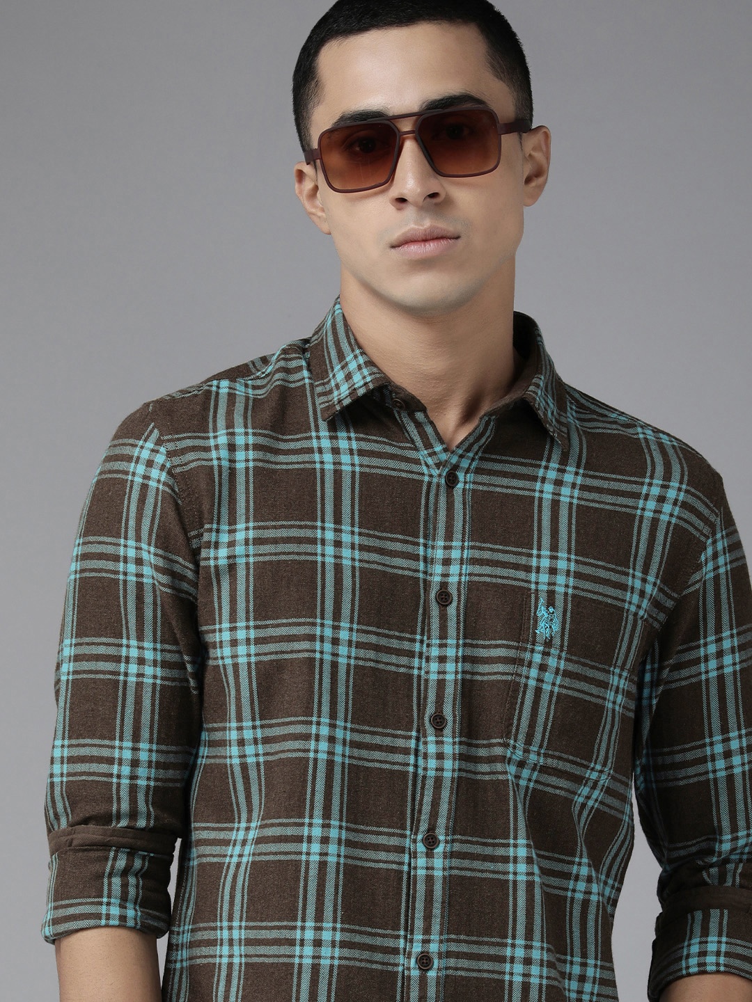 

U S Polo Assn Denim Co Men Brown & Blue Slim Fit Tartan Checked Pure Cotton Casual Shirt