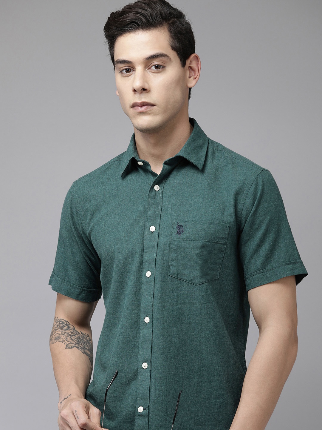 

U S Polo Assn Men Teal Green Pure Cotton Solid Casual Shirt