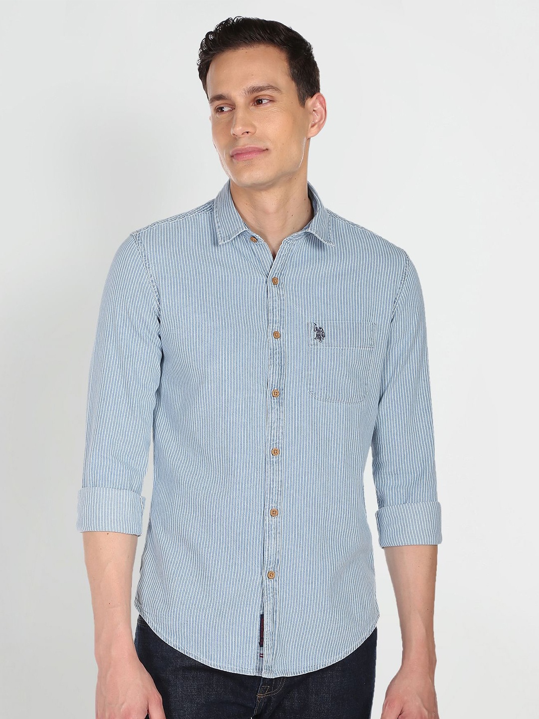 

U S Polo Assn Denim Co Men Blue & White Slim Fit Striped Pure Cotton Casual Shirt