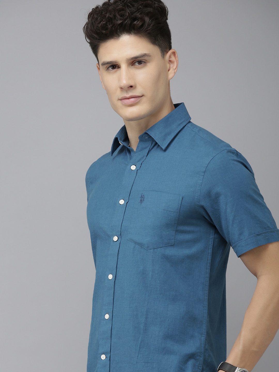 

U S Polo Assn Men Teal Blue Solid Tailored Fit Pure Cotton Casual Shirt