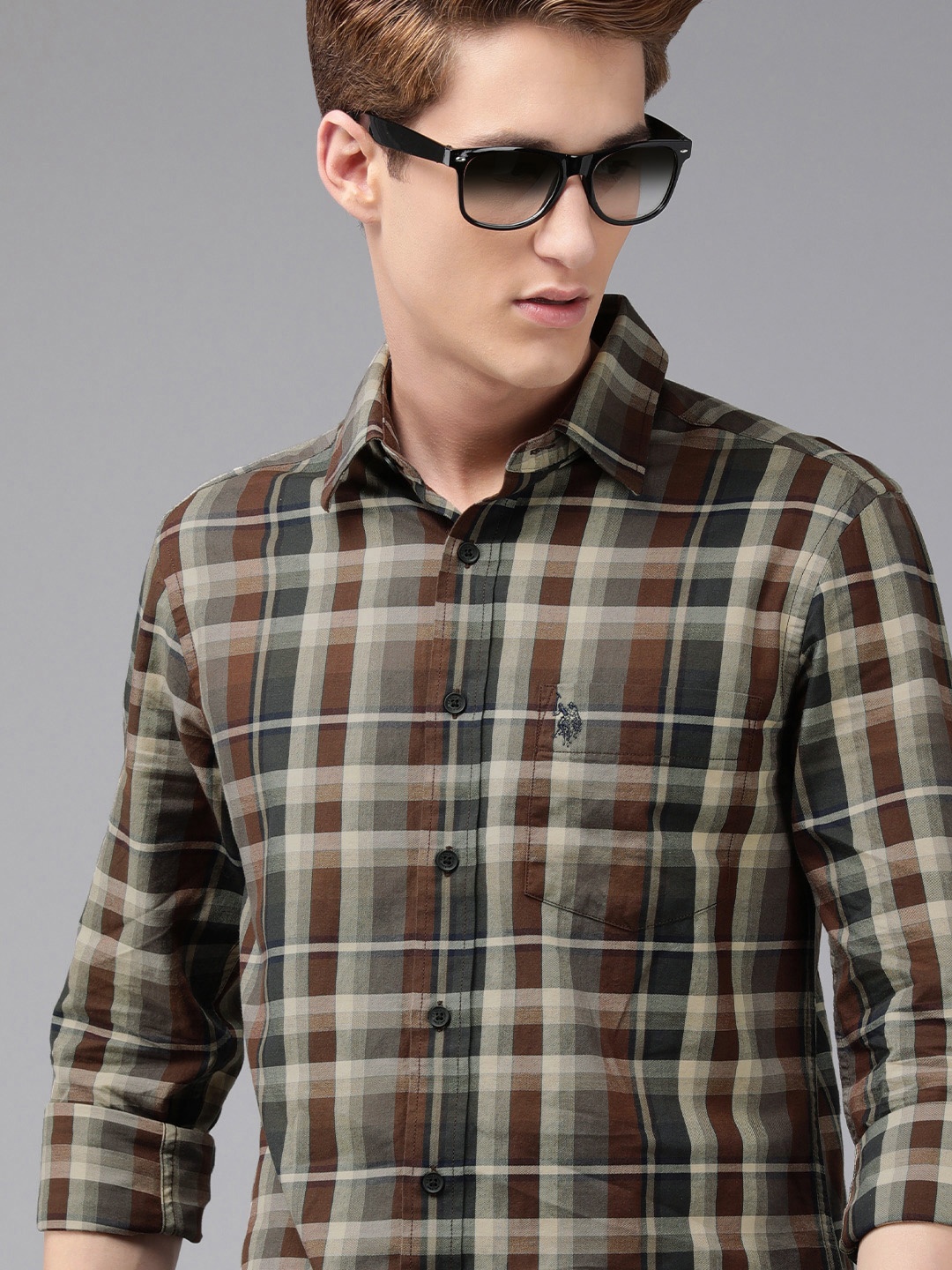 

U.S. Polo Assn. Men Brown Tartan Checks Pure Cotton Casual Shirt