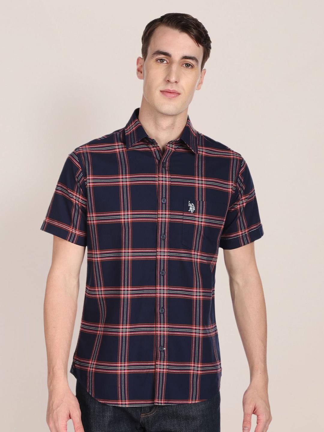 

U S Polo Assn Men Navy Blue And Red Windowpane Checked Pure Cotton Casual Shirt