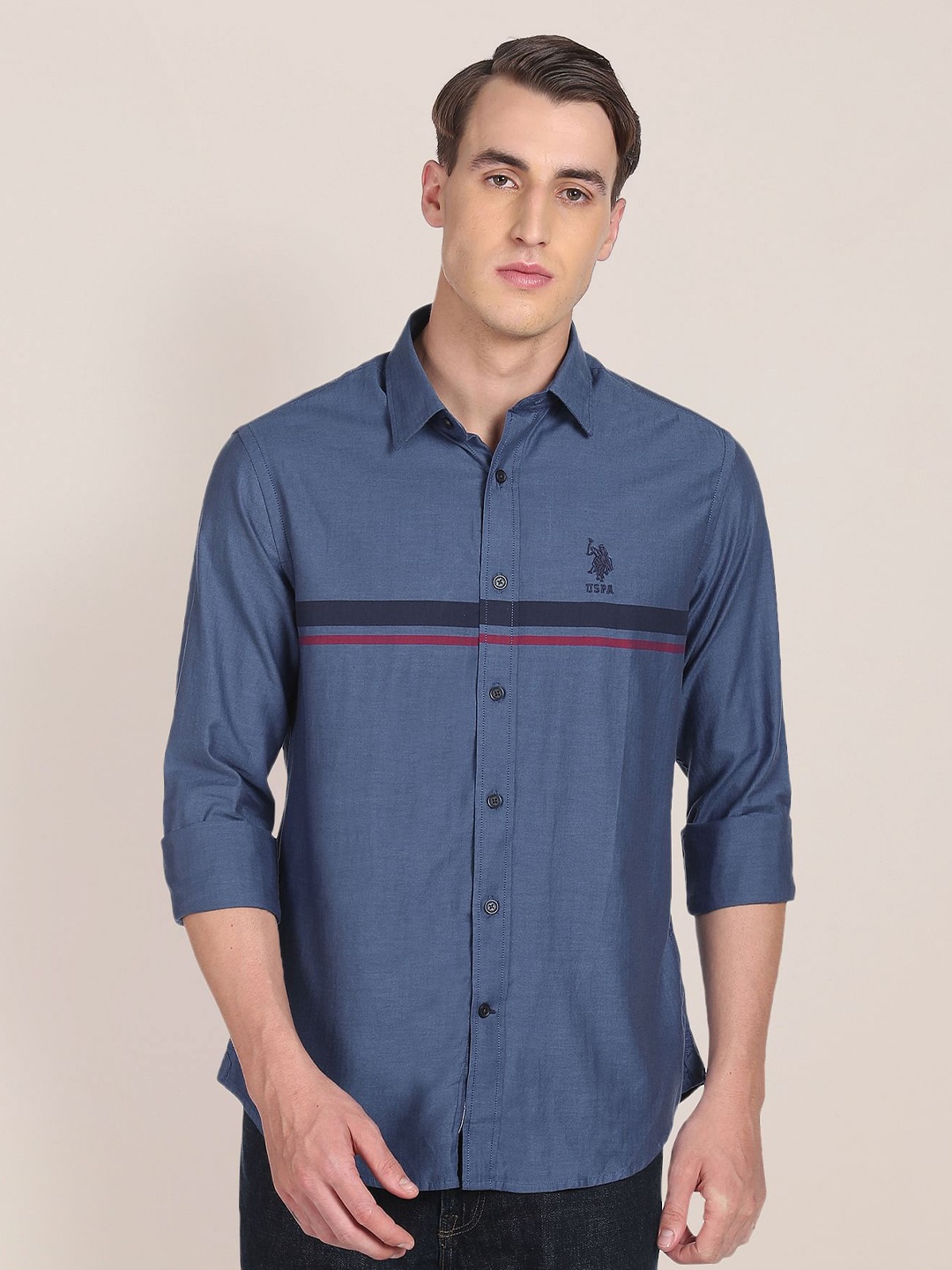 

U S Polo Assn Men Blue Stripes Printed Pure Cotton Casual Shirt