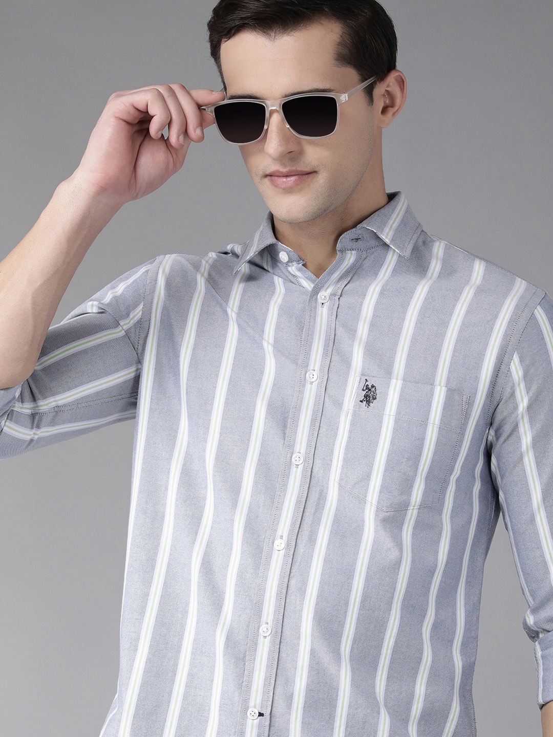 

U S Polo Assn Men Blue Striped Pure Cotton Casual Shirt