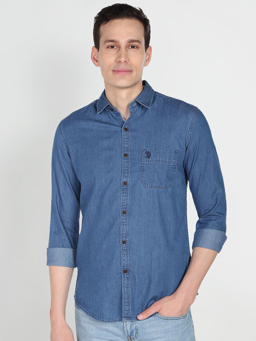 

U.S. Polo Assn. Denim Co. Men Blue Slim Fit Solid Opaque Pure Cotton Denim Shirt