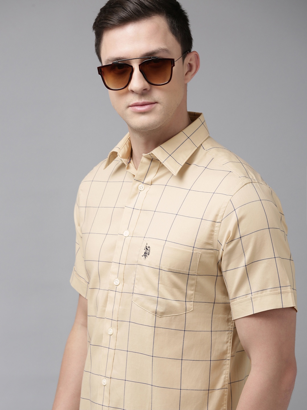

U.S. Polo Assn. Men Beige Tailored Fit Checked Pure Cotton Casual Shirt