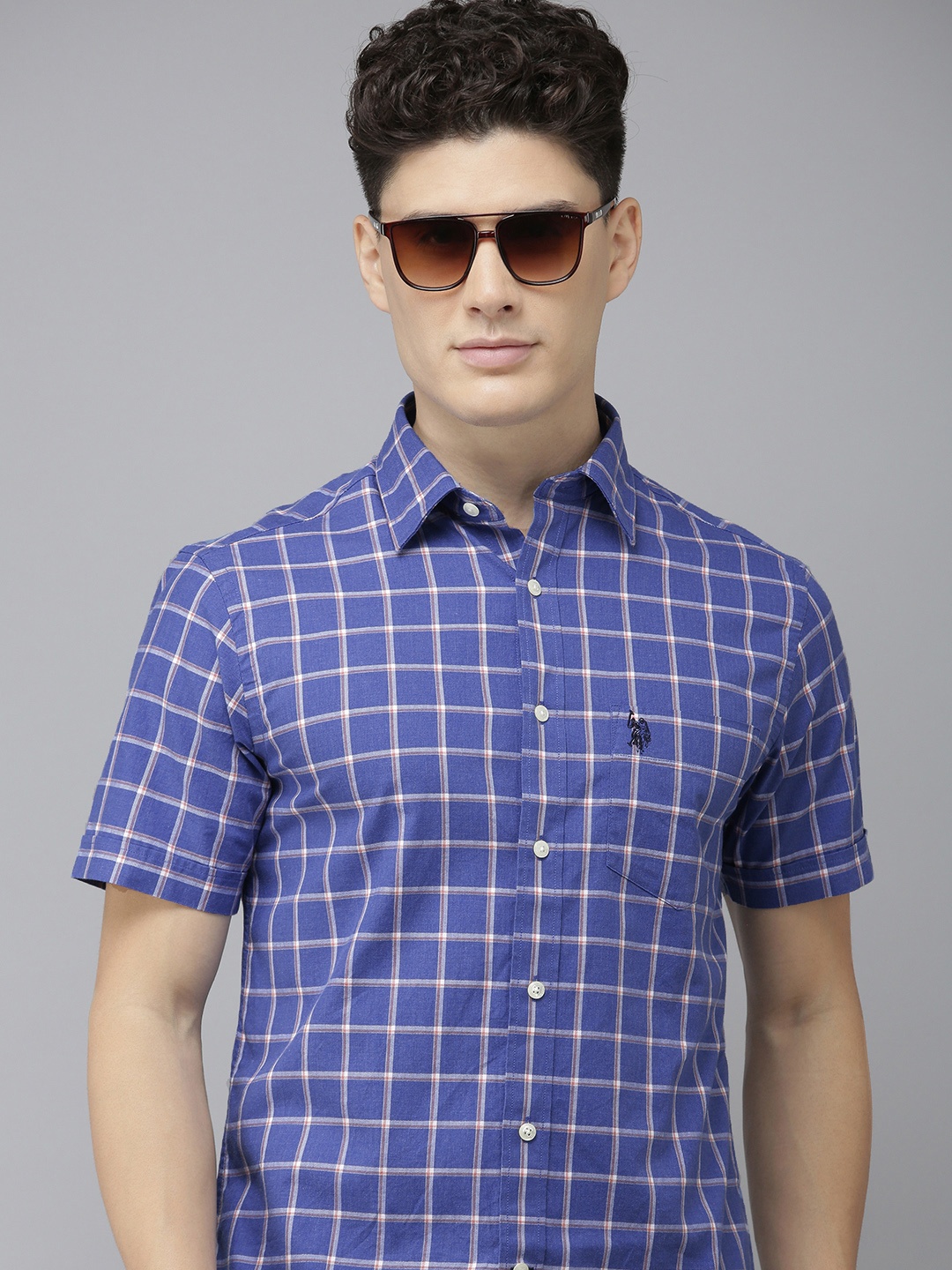 

U.S. Polo Assn. Men Blue Tailored Fit Checked Pure Cotton Casual Shirt