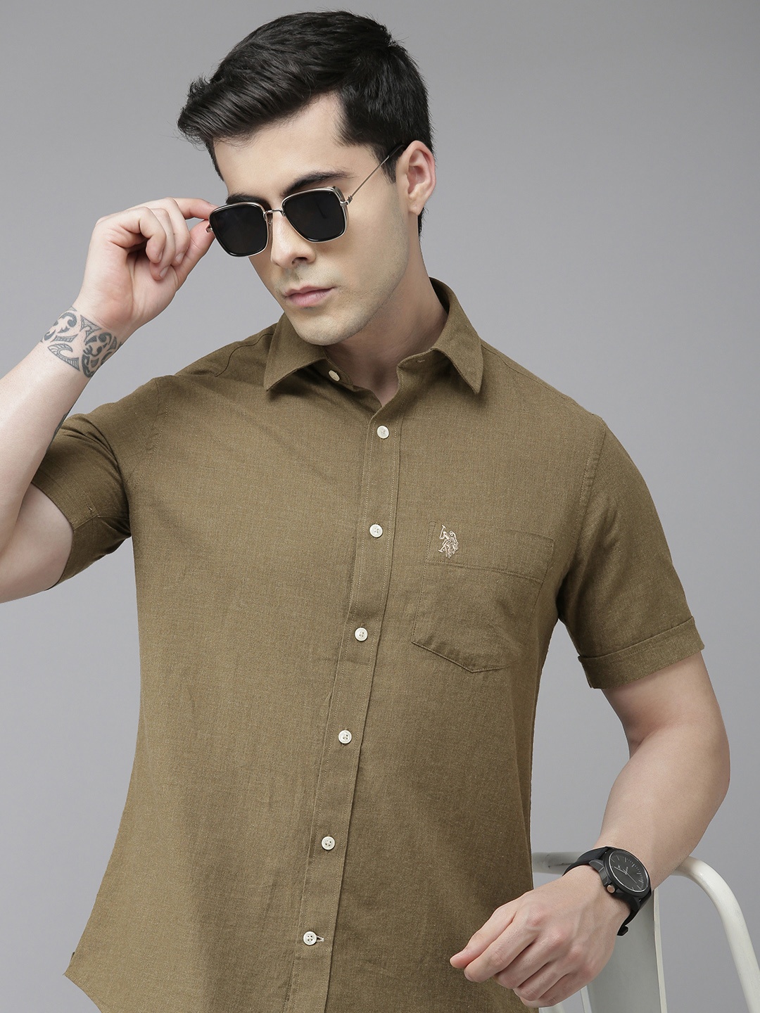 

U S Polo Assn Men Olive Green Tailored Fit Pure Cotton Casual Shirt