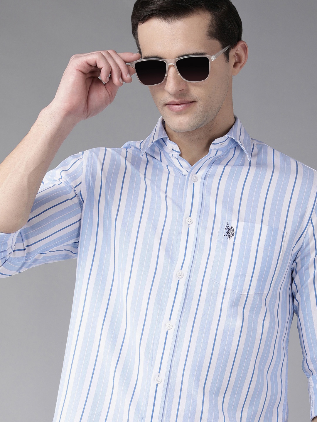 

U S Polo Assn Men Blue Striped Pure Cotton Casual Shirt