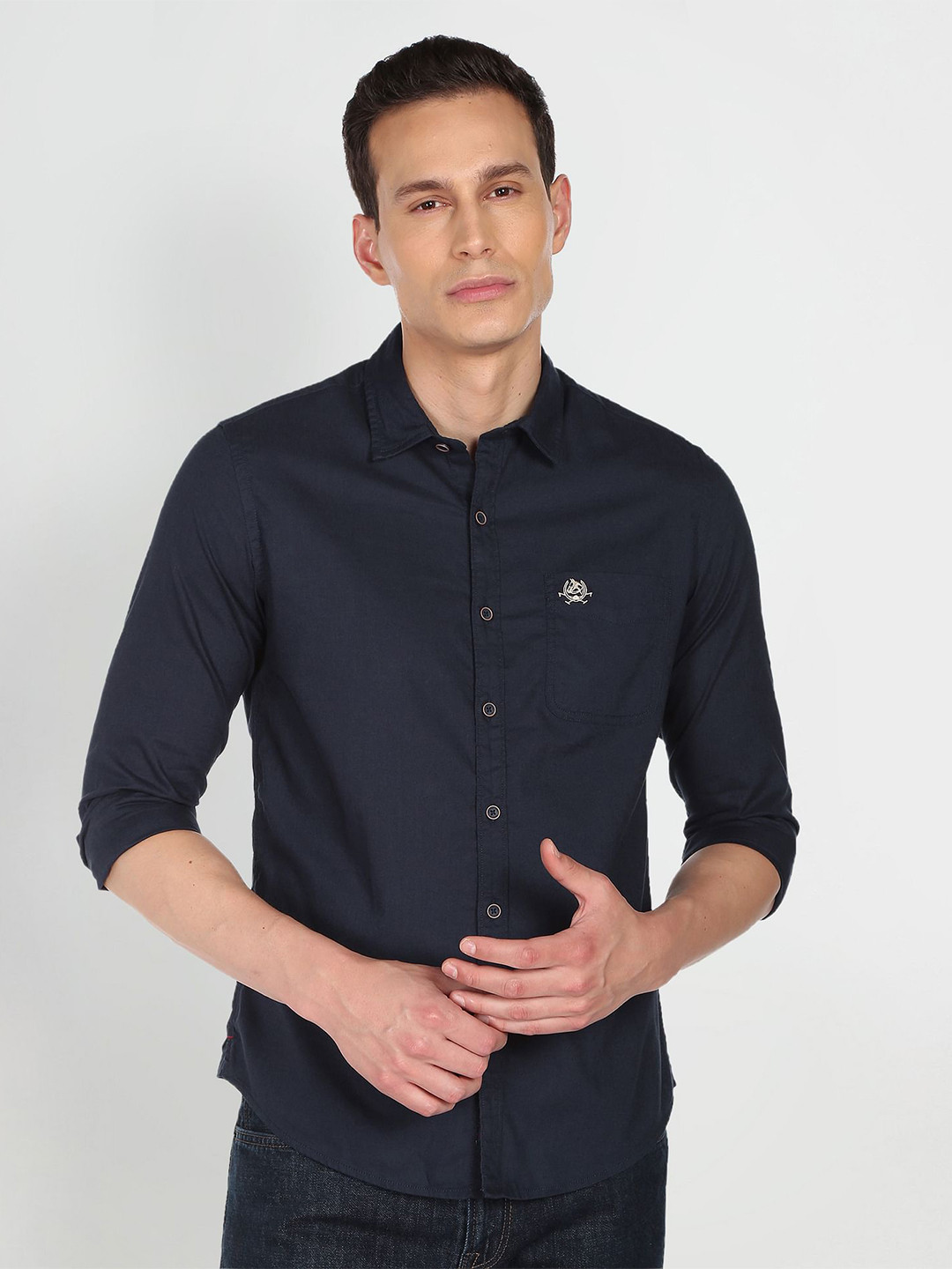 

U S Polo Assn Denim Co Men Navy Blue Solid Slim Fit Pure Cotton Casual Shirt