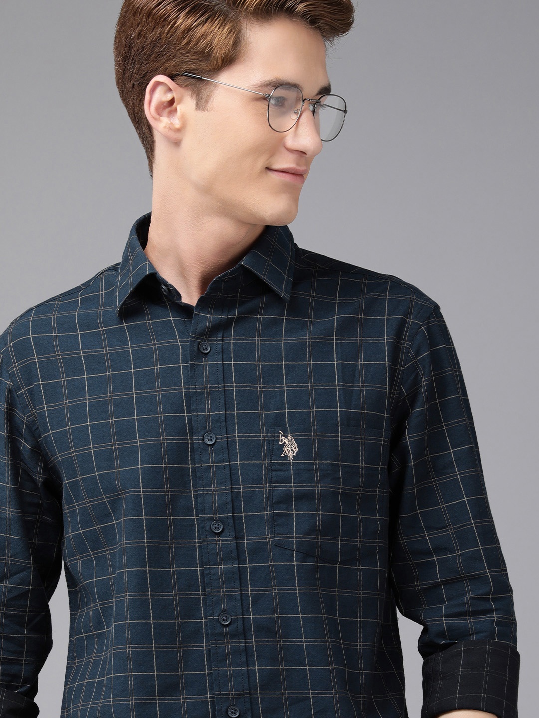 

U.S. Polo Assn. Men Navy Blue Tailored Fit Tartan Checked Pure Cotton Casual Shirt