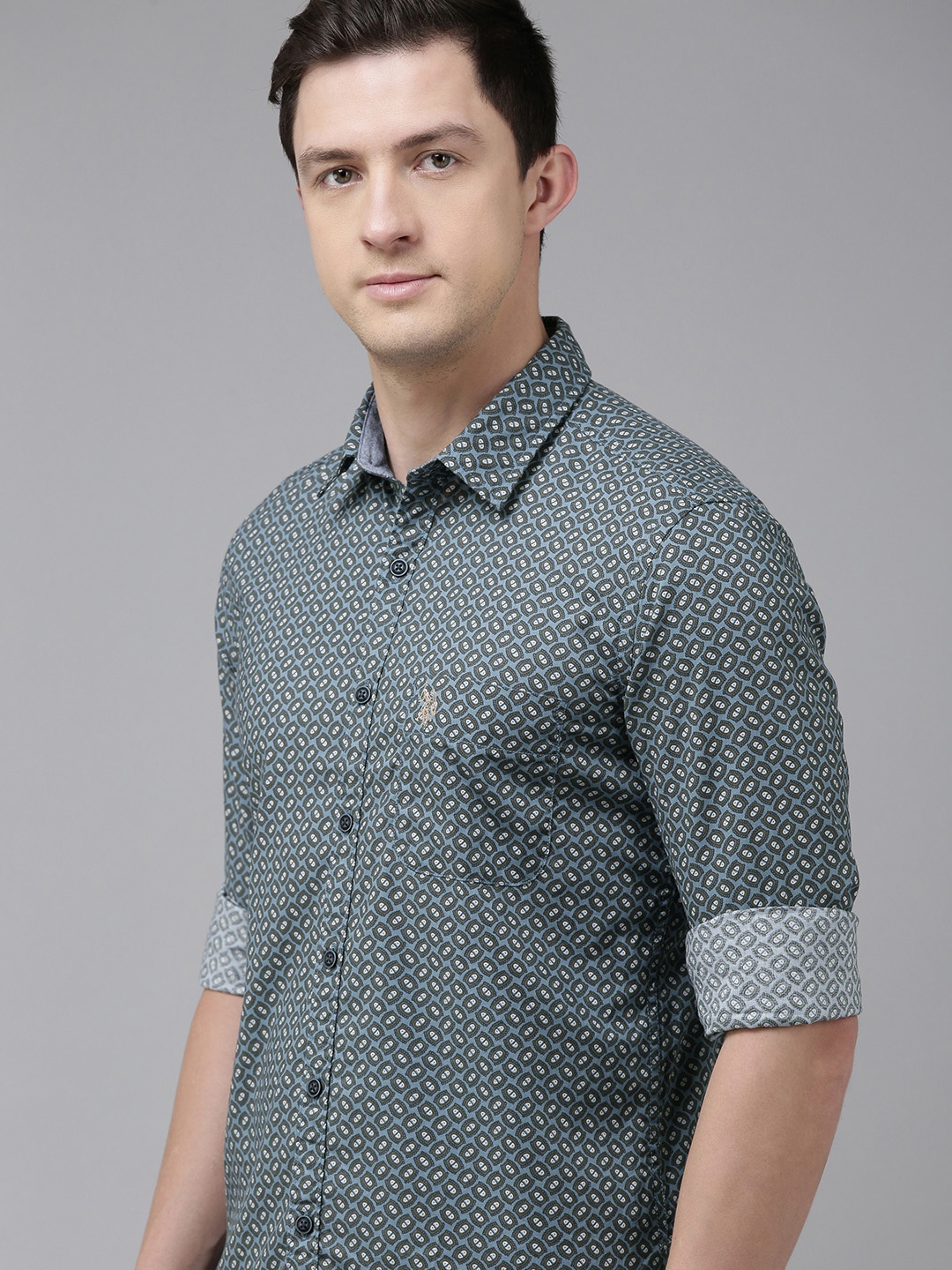 

U.S. Polo Assn. Denim Co. Men Teal Green Slim Fit Printed Pure Cotton Casual Shirt