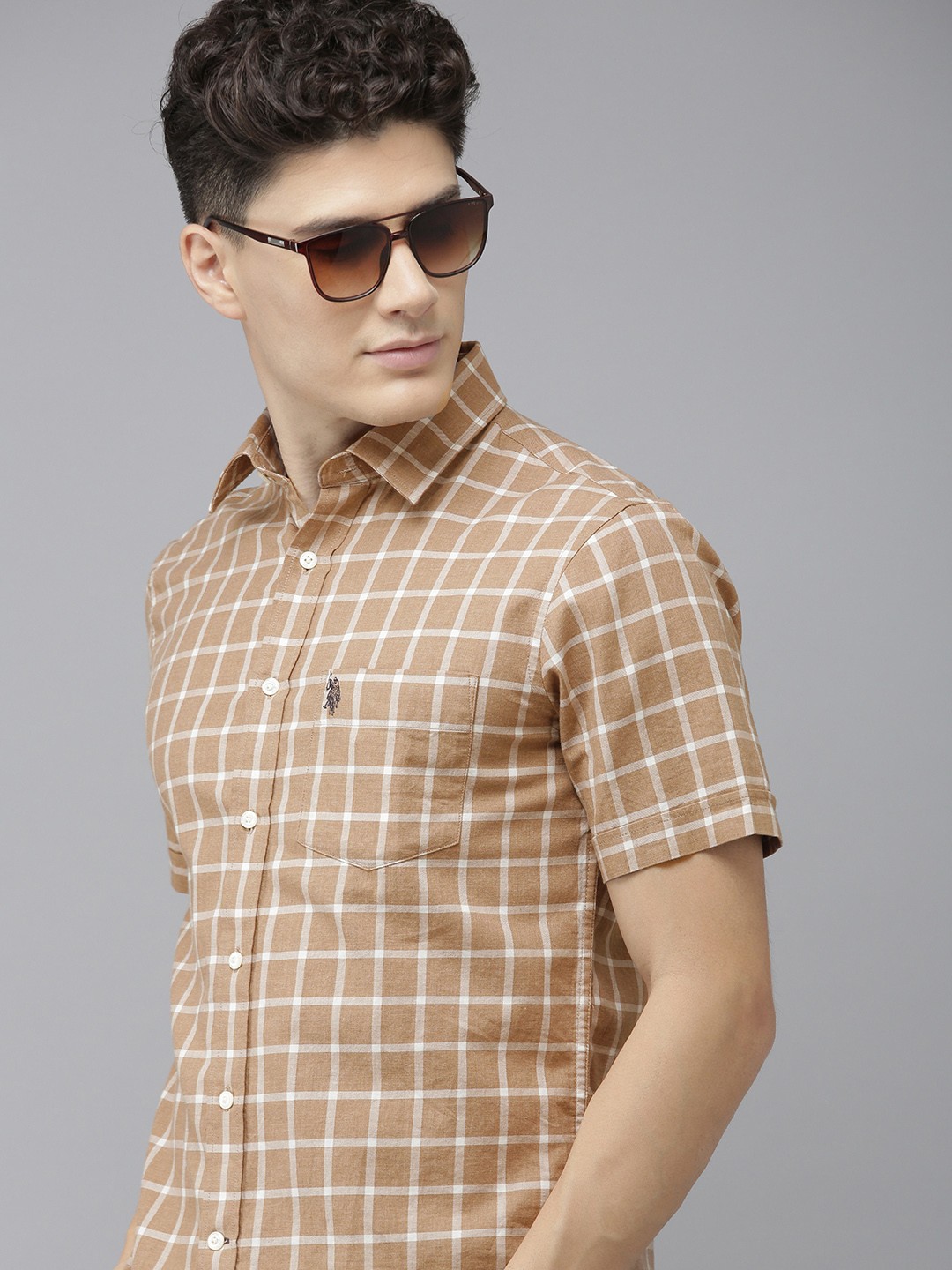

U S Polo Assn Men Camel Brown Grid Tattersall Checks Pure Cotton Casual Shirt