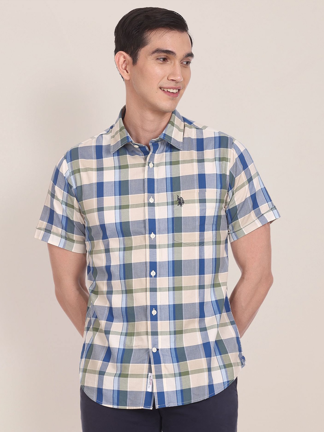 

U S Polo Assn Men Beige & Blue Tailored Fit Tartan Checked Pure Cotton Casual Shirt