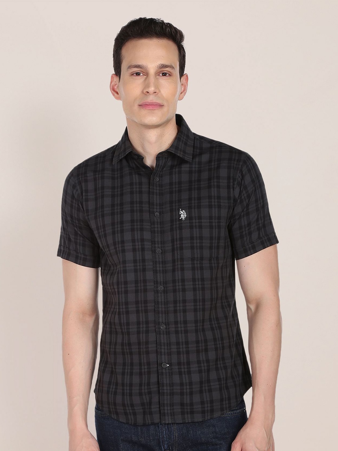 

U S Polo Assn Men Charcoal Black And Grey Tailored Fit Checked Pure Cotton Casual Shirt