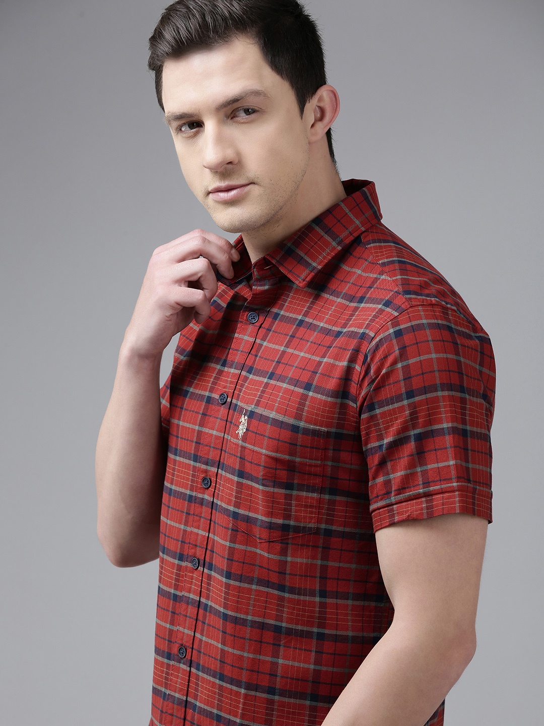 

U S Polo Assn Men Maroon Tartan Checks Semiformal Shirt