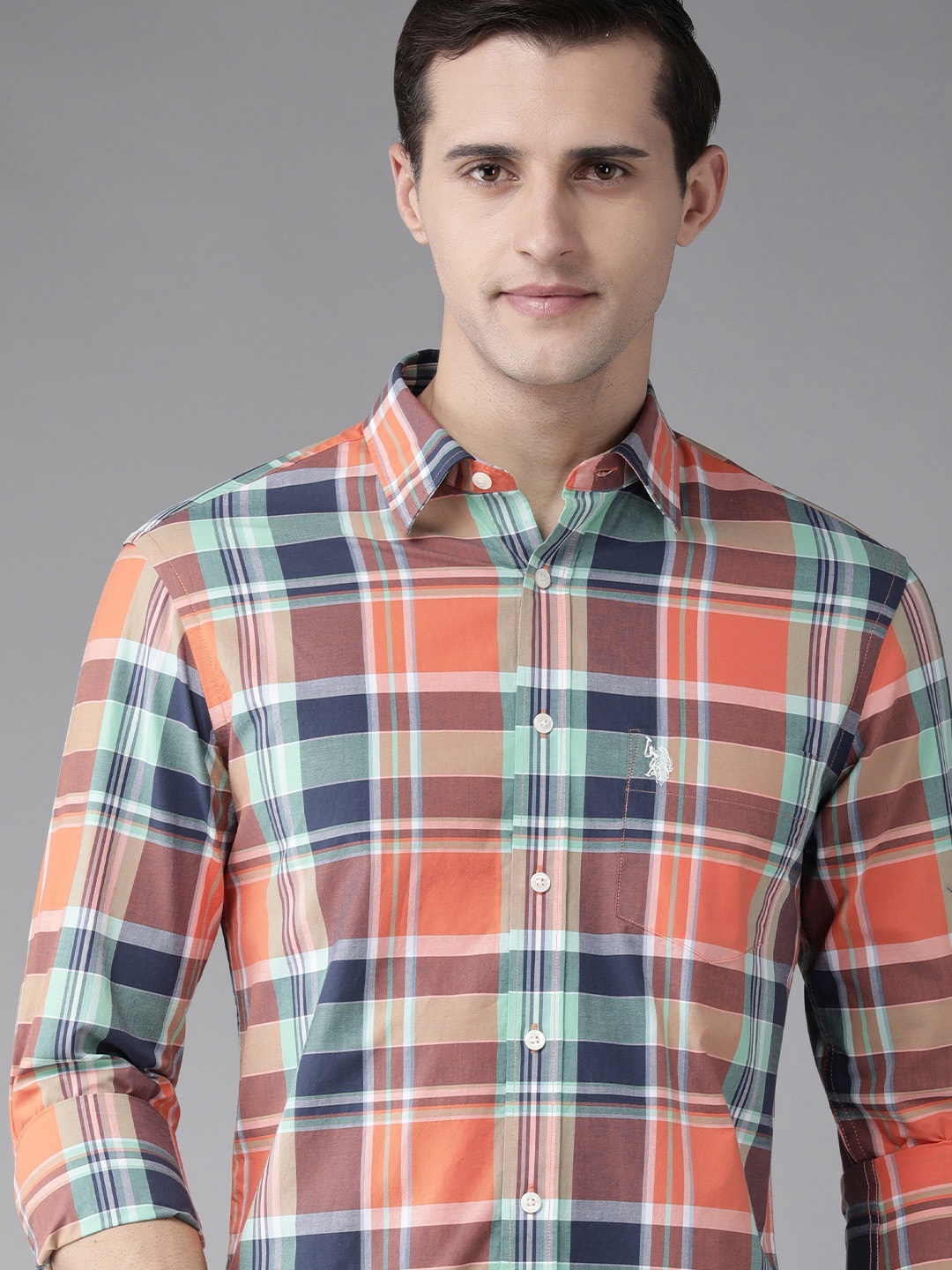 

U S Polo Assn Men Orange Checked Pure Cotton Casual Shirt