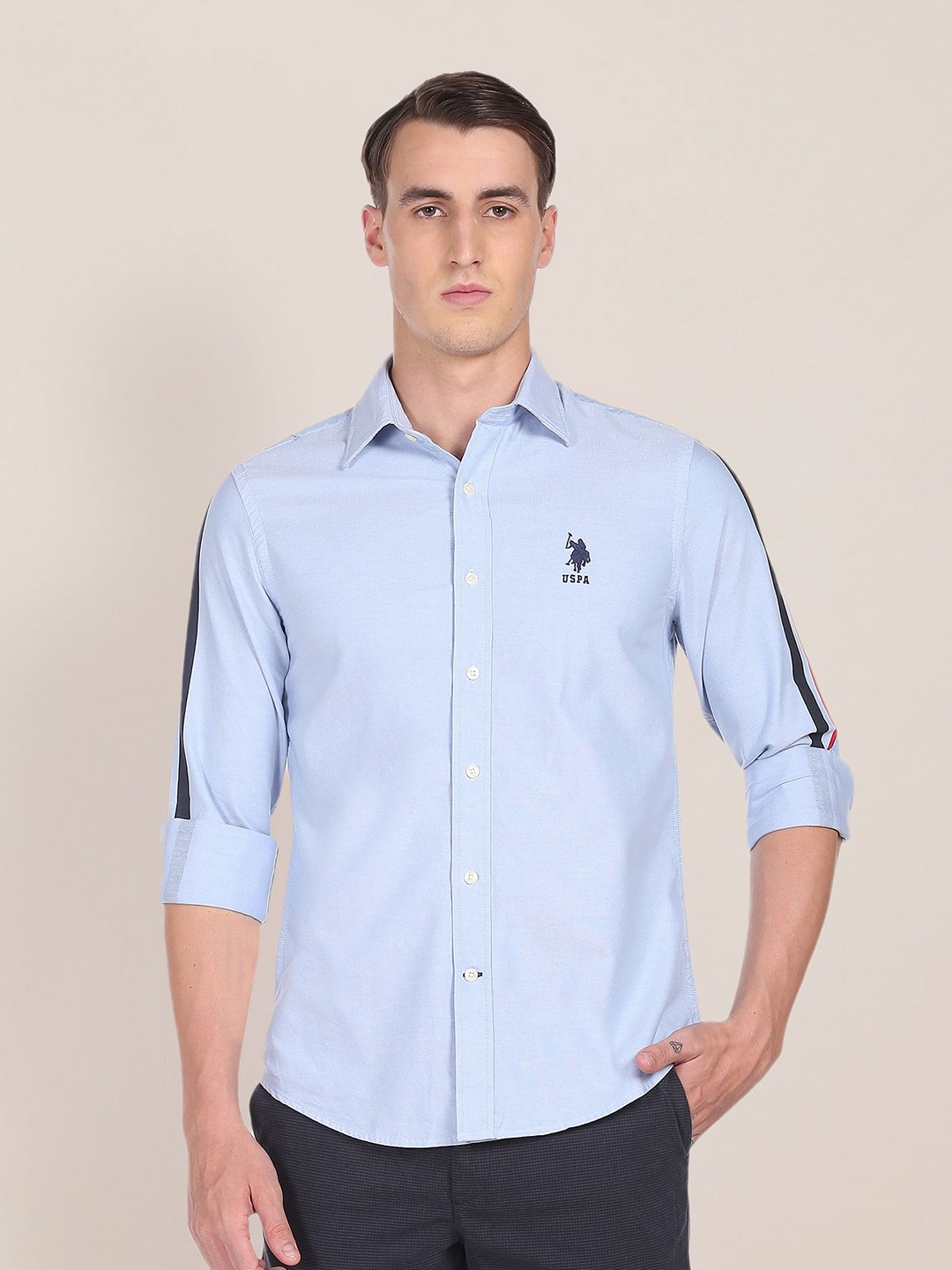 

U S Polo Assn Men Blue Brand Logo Embroidered Pure Cotton Tailored Fit Casual Shirt