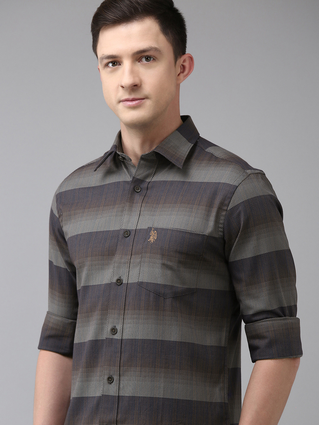 

U S Polo Assn Men Brown & Grey Tailored Fit Horizontal Striped Pure Cotton Casual Shirt