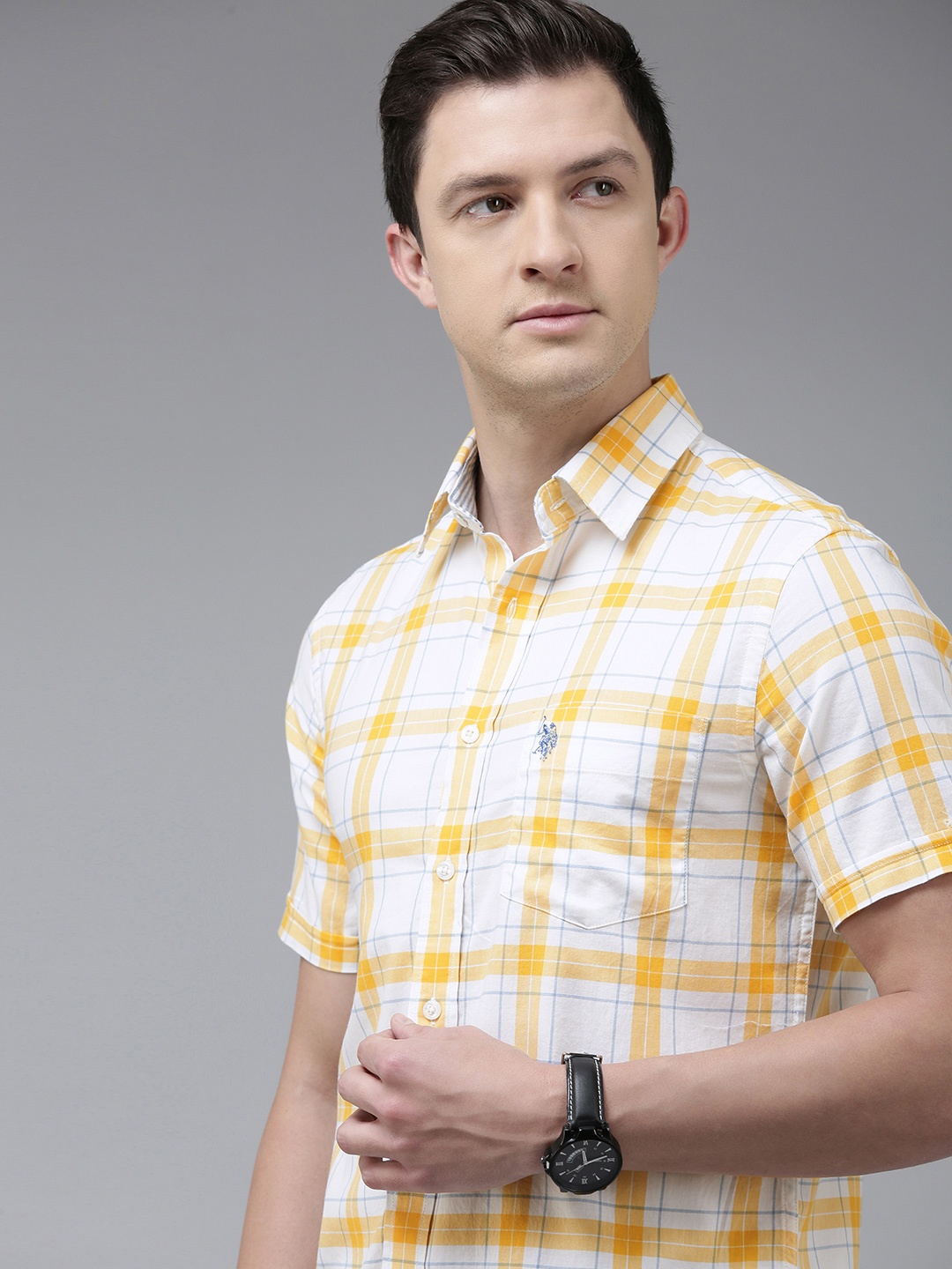 

U S Polo Assn Men Yellow And White Tailored Fit Checked Pure Cotton Casual Shirt