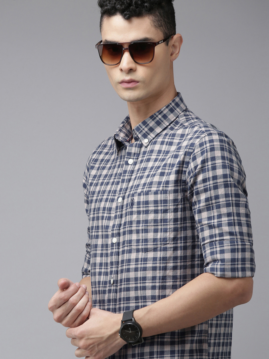 

U S Polo Assn Men Navy Blue Pure Cotton Tailored Fit Checked Casual Shirt