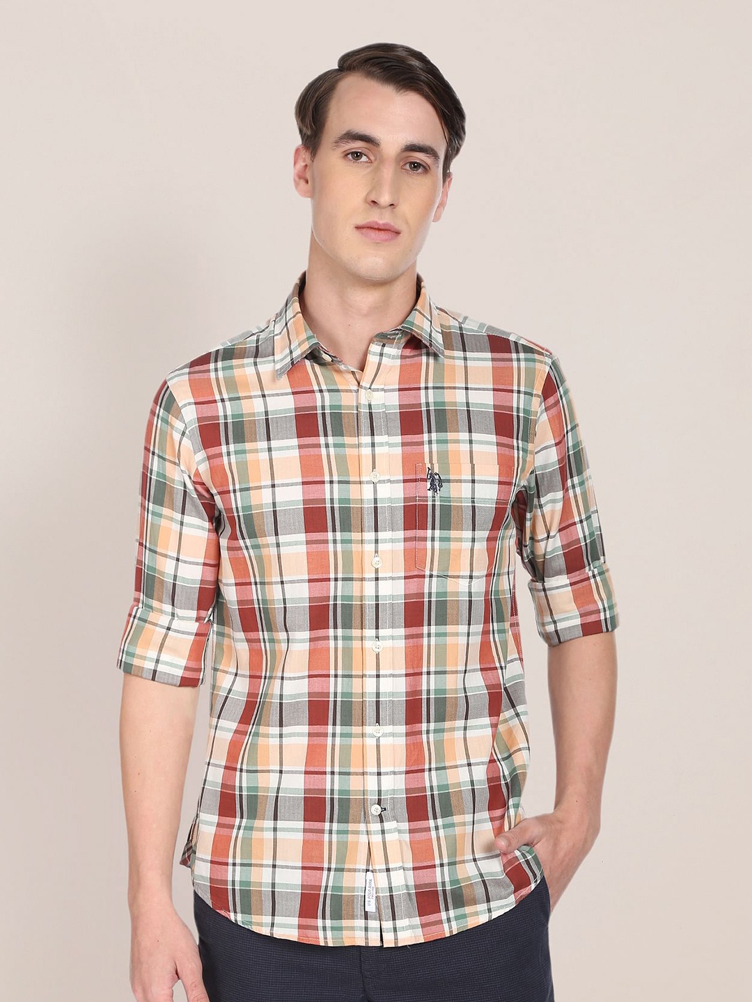

U.S. Polo Assn. Men Rust Checked Pure Cotton Casual Shirt