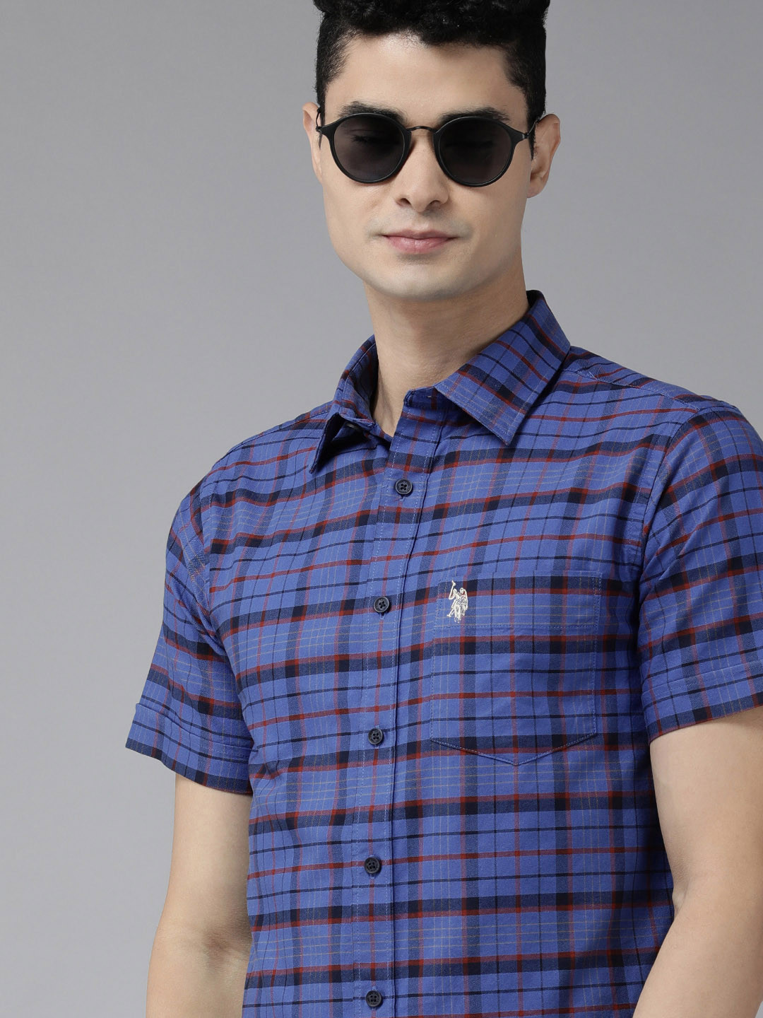 

U.S. Polo Assn. Men Blue Tartan Checked Pure Cotton Tailored Fit Casual Shirt