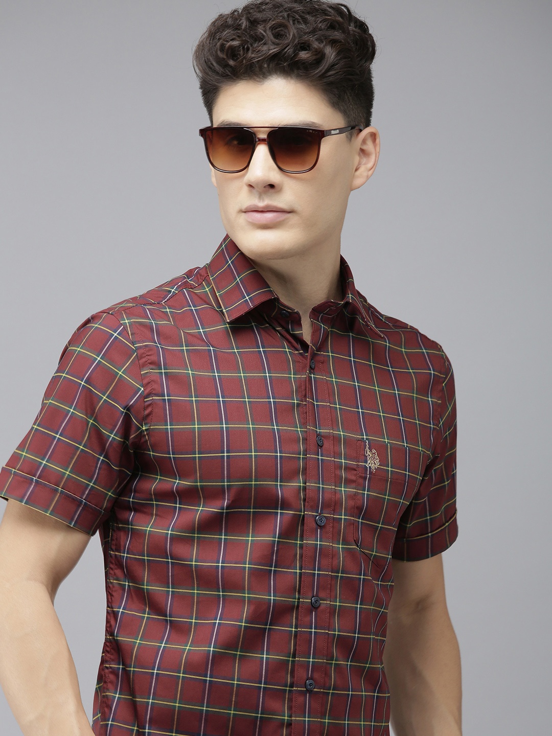 

U S Polo Assn Men Maroon Grid Tattersall Checks Pure Cotton Casual Shirt