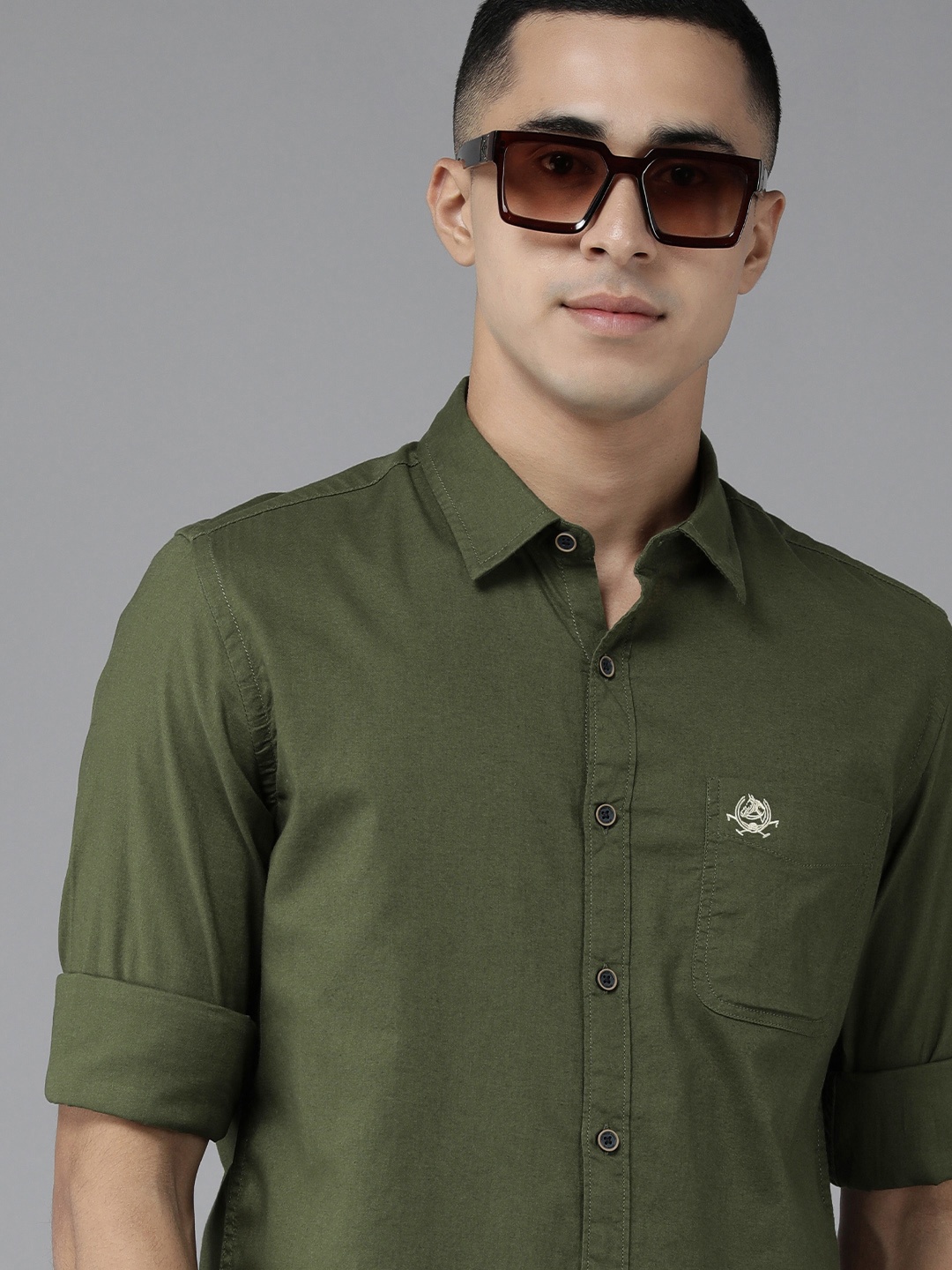 

U S Polo Assn Denim Co Men Olive Green Slim Fit Pure Cotton Casual Shirt