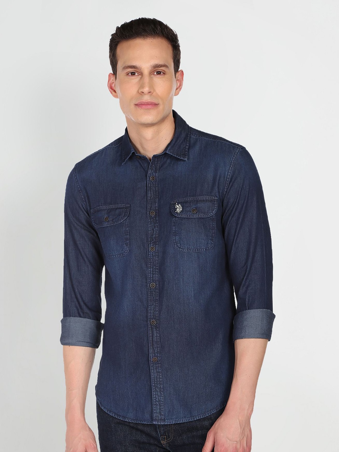 

U S Polo Assn Denim Co Men Blue Solid Slim Fit Pure Cotton Casual Shirt