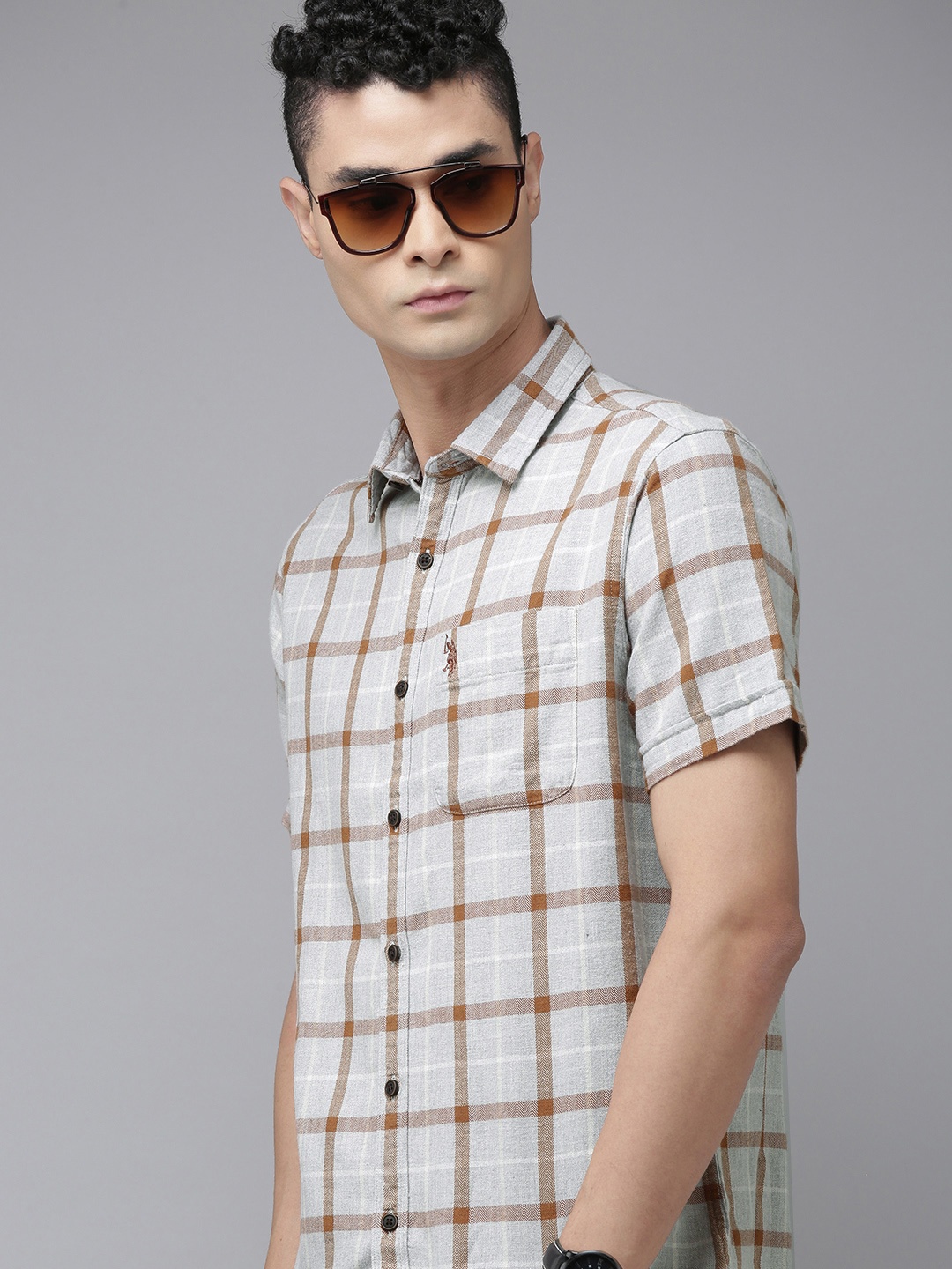 

U S Polo Assn Denim Co Men Grey Pure Cotton Checked Casual Shirt