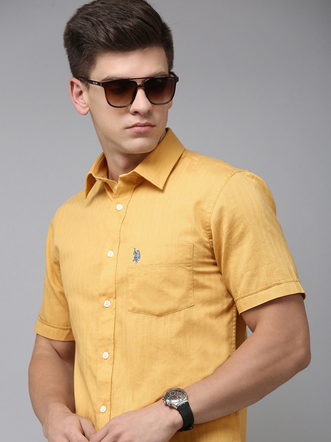 

U S Polo Assn Men Solid Tailored Fit Pure Cotton Casual Shirt, Mustard