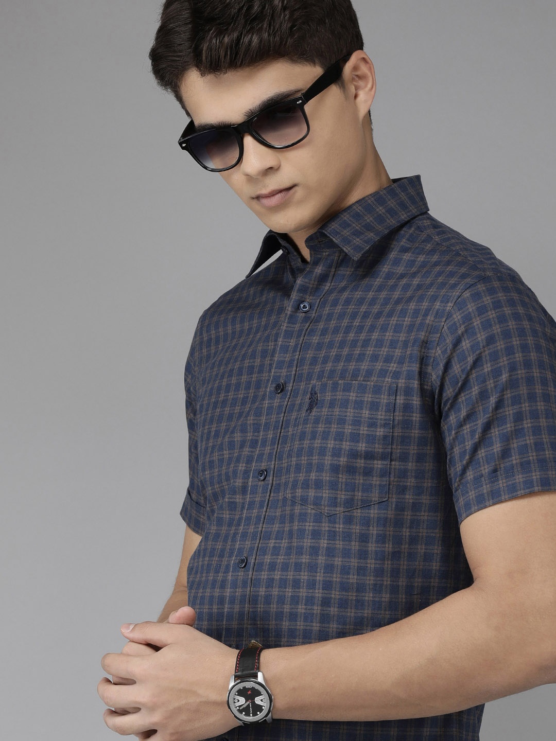 

U S Polo Assn Men Navy Blue & Brown Tailored Fit Tartan Checked Pure Cotton Casual Shirt