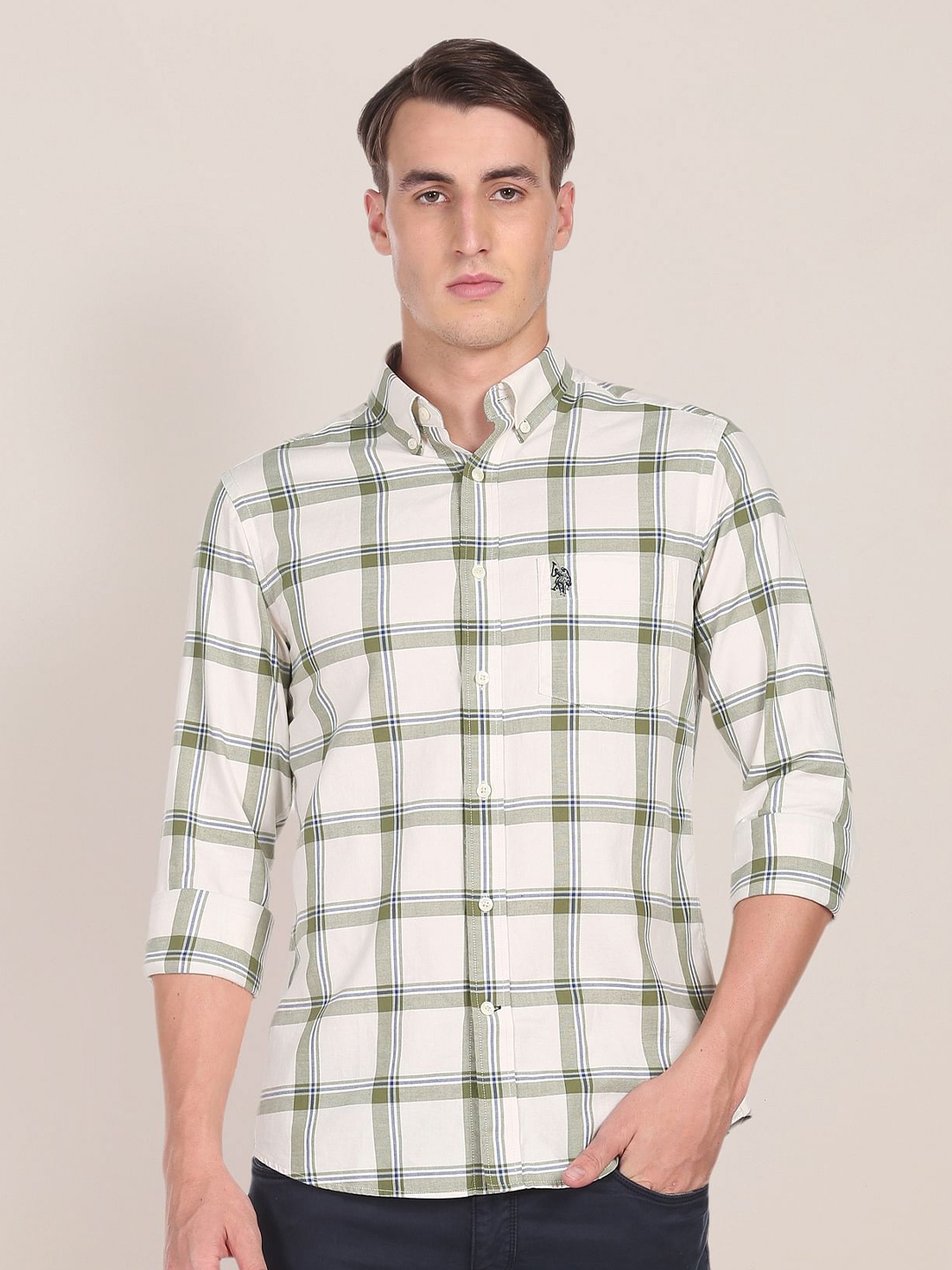 

U.S. Polo Assn. Men Off-White Windowpane Checked Pure Cotton Casual Shirt