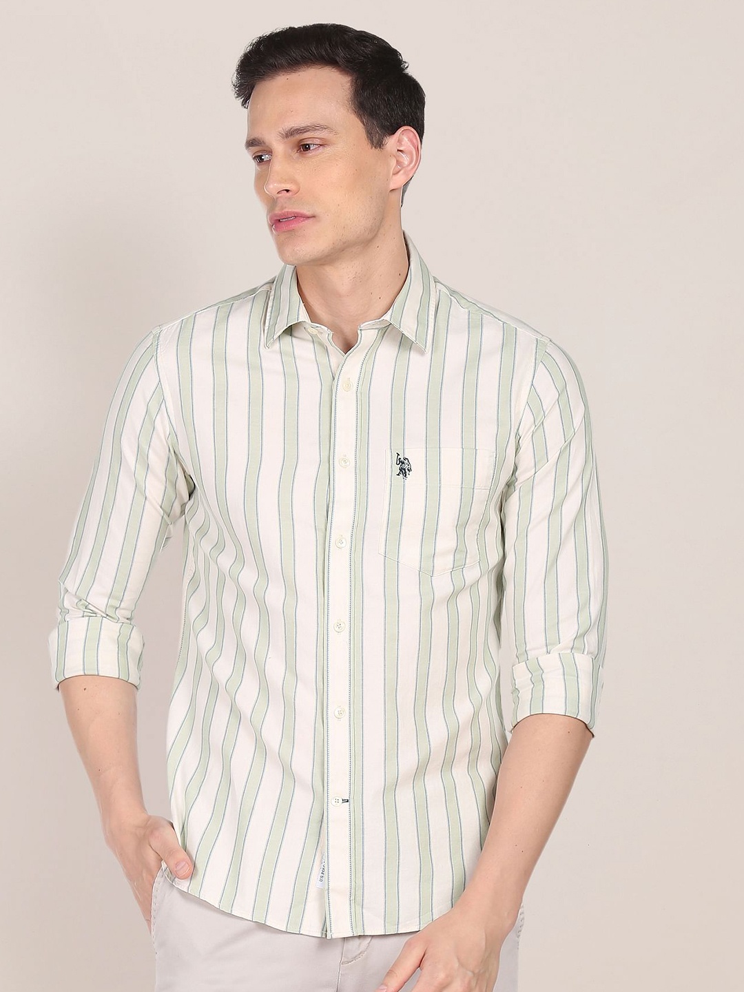 

U S Polo Assn Men Green Tailored Fit Striped Casual Shirt